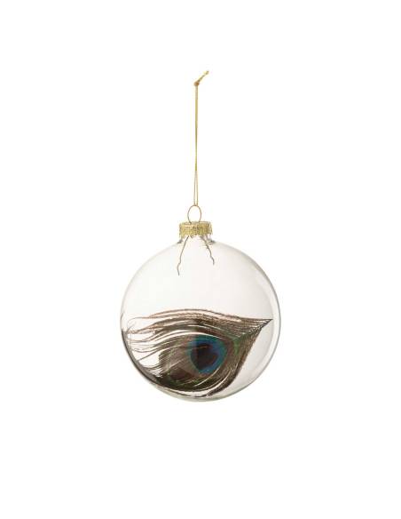 Boule de noel en verre et plumes de paon